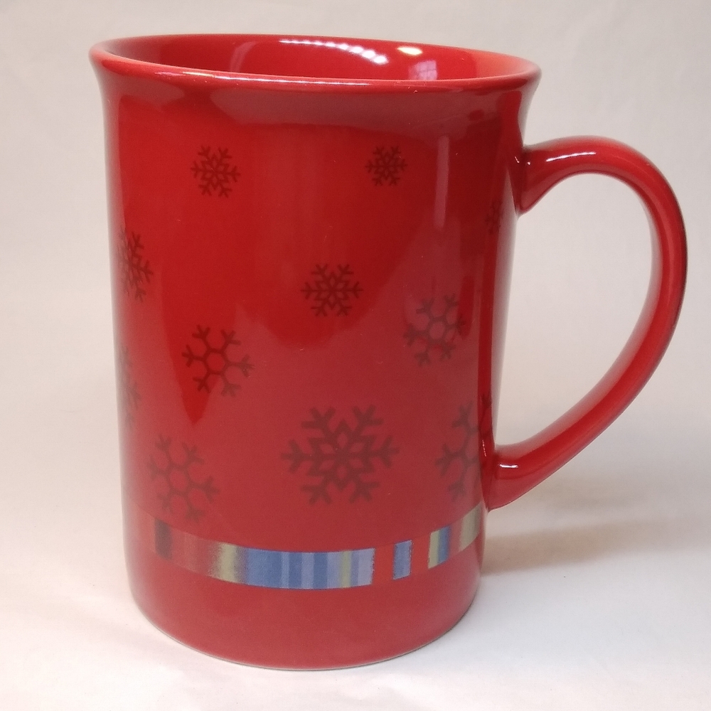 Godiva Red with Snowflakes Holiday MUG Band of Multicolor Stripes 16 oz Cup